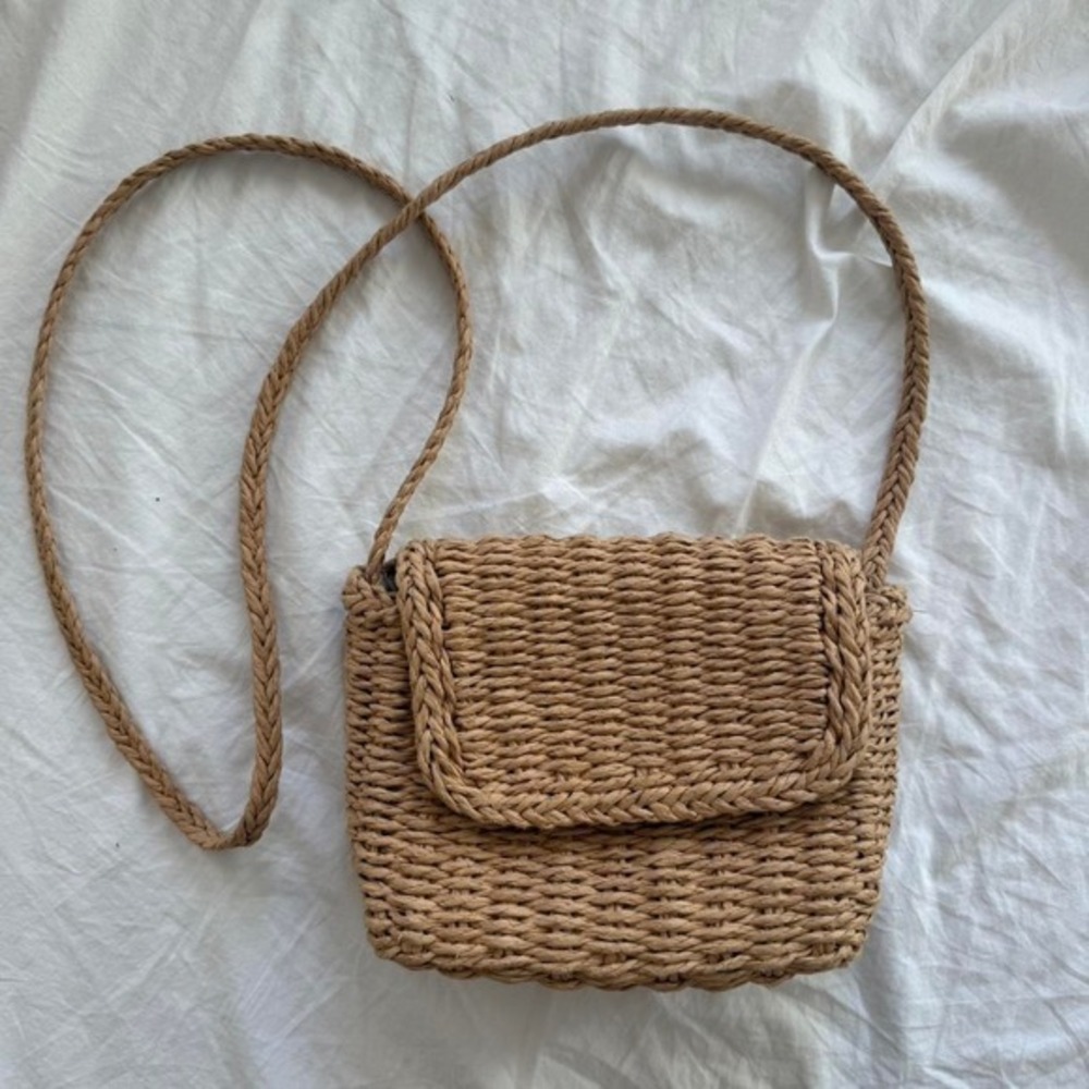 Tan Woven Straw Crossbody Bag